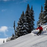 Skiing down slope at Banff Sunshine